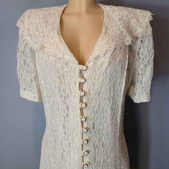 Vtg 90s Lace Romantic Dress Sz 24 Button Front Victorian Fairy Whimsical Cream - Picture 13 of 14